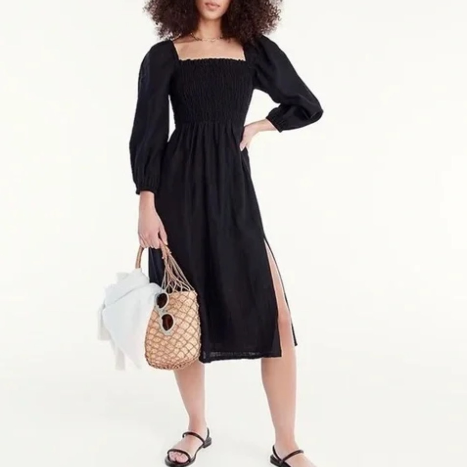 J.Crew Daydream Dress Black Linen Smocked Puff Sleeve Midi Boho Size Xs